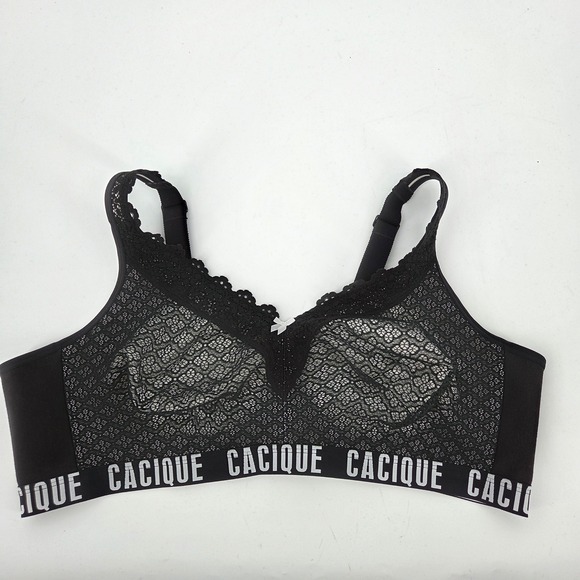 Cacique Black Lace Unlined Bra Full Coverage Plus Size Adjustable Straps 48D - Picture 1 of 3